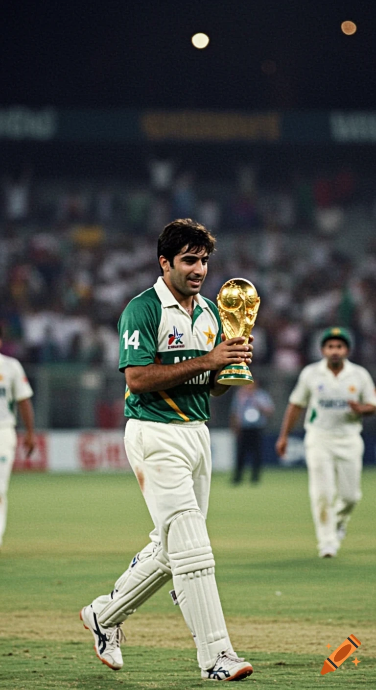A male cricket player in a green and white Pakistan kit, wearing number 14, walks on a field holding a golden World Cup trophy at night.