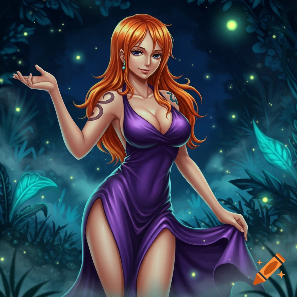 Nami from One Piece, an orange-haired woman in a purple dress, stands in a dark, glowing forest at night.