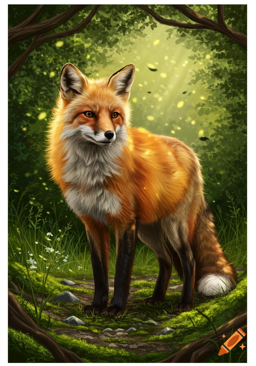 A red fox with white chest fur stands in a lush green forest, sunlight dappling through the trees.