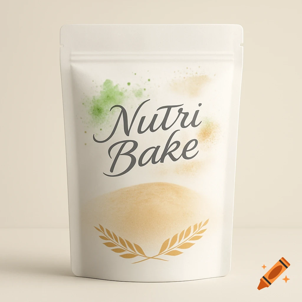 A white stand-up pouch labeled 'Nutri Bake' with green and orange powder splatters and a wheat illustration.