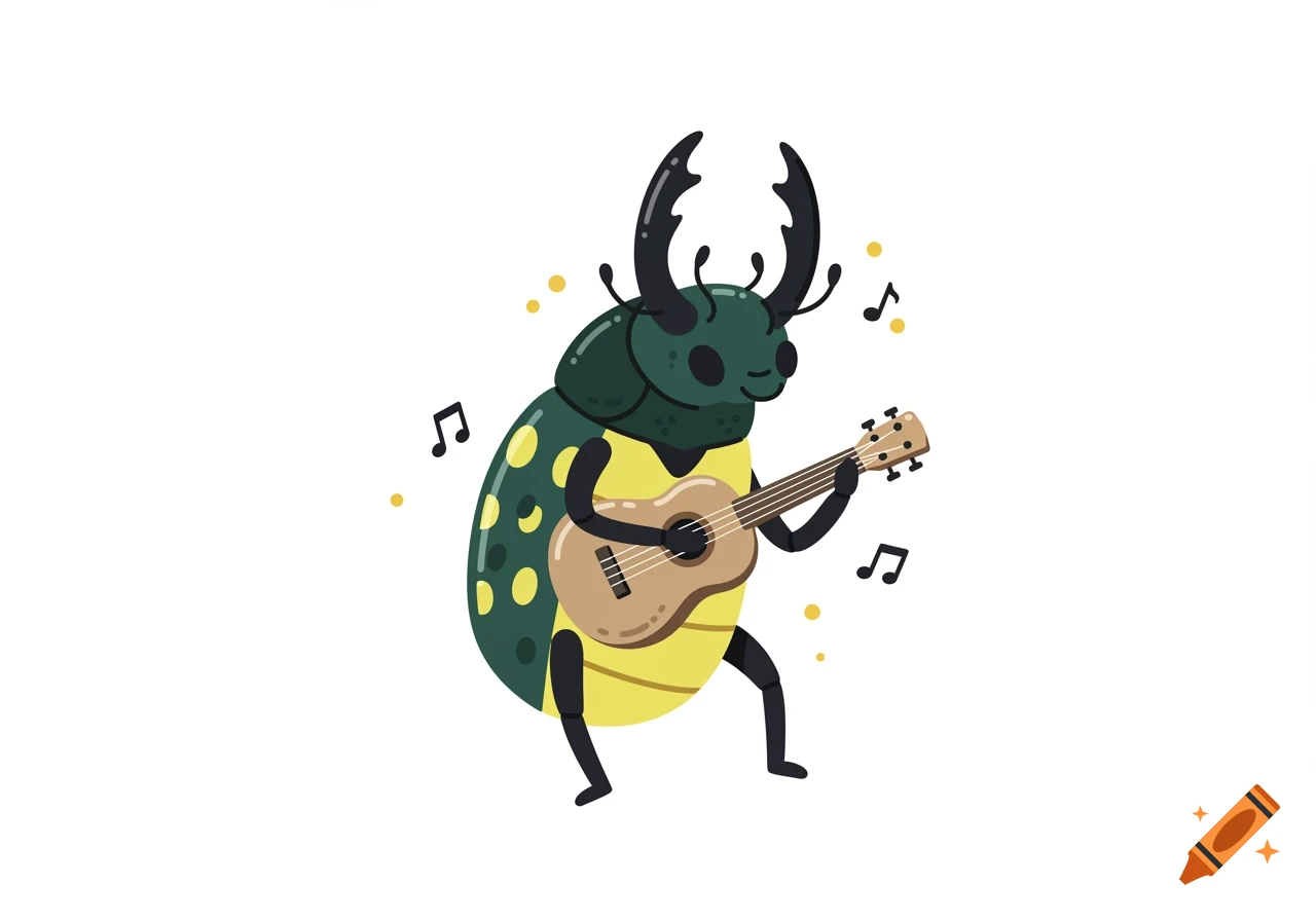 A cartoon beetle with a green and yellow spotted shell plays a brown ukulele, with musical notes floating around it.