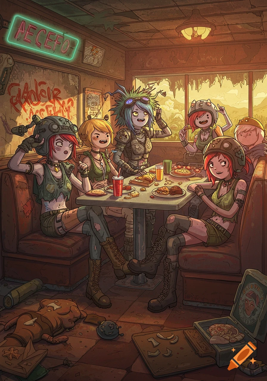 Six cartoonish raider girls in a post-apocalyptic derelict diner, eating at a table, in the style of Adventure Time.