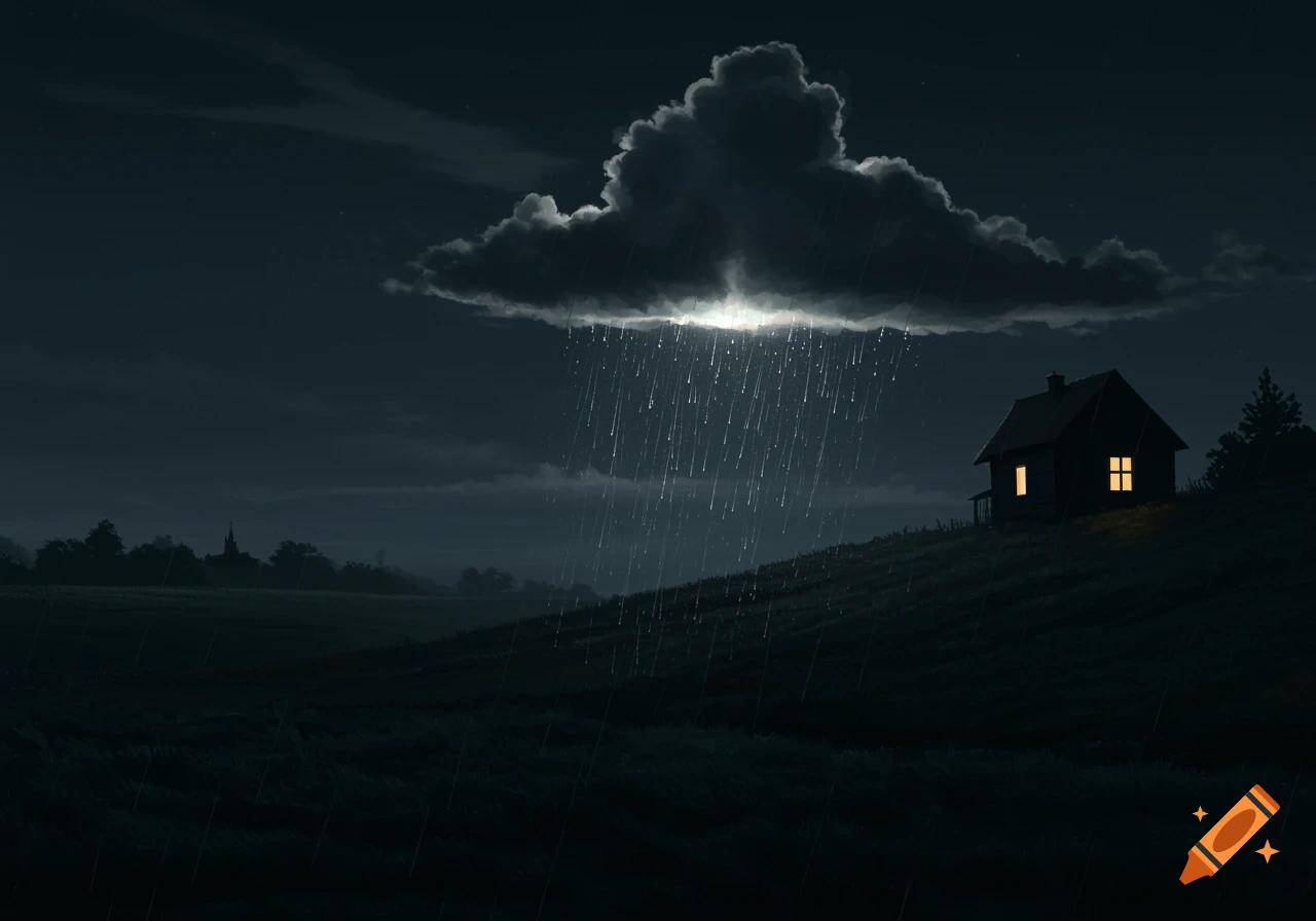 A dark, moody, painterly night scene shows a house with glowing windows on a hill, with a luminous cloud raining over it and a distant church steeple.