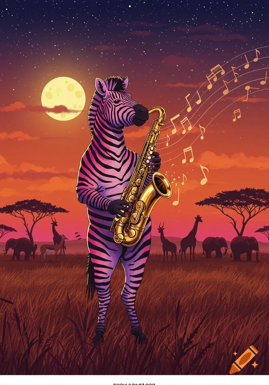 A pink and purple striped zebra stands in a savanna playing a golden saxophone under a full moon and starry sky.