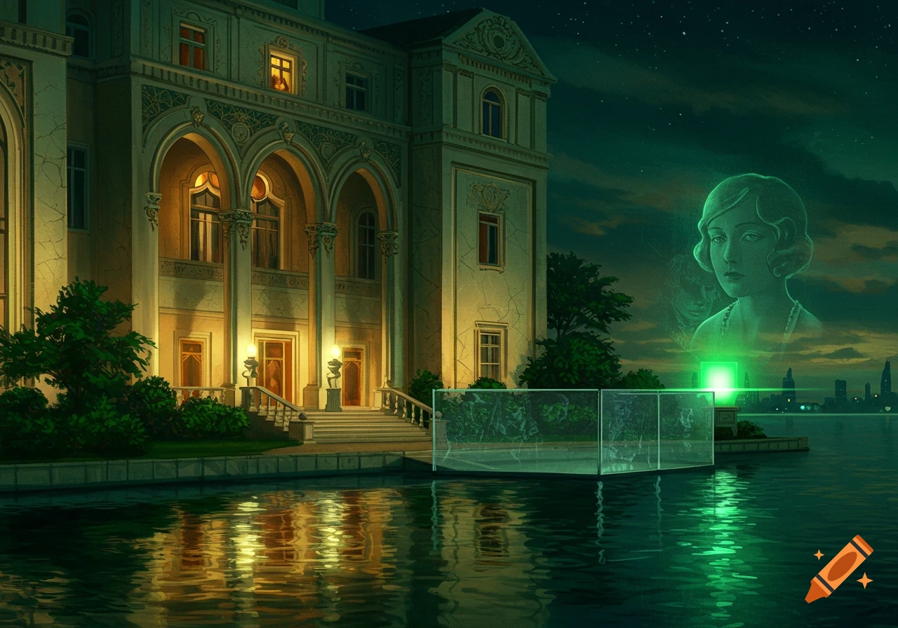 A grand mansion at night overlooks water with reflections. A green light casts a glow, with a faint holographic woman's face above it and a distant city skyline.