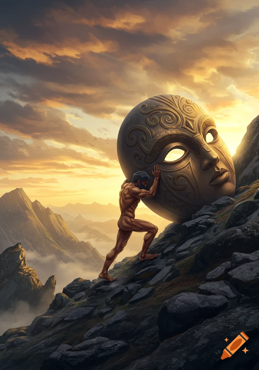 A muscular, shirtless man pushes a large, ornate golden mask up a steep, rocky mountain under a dramatic sunset sky in a fantasy digital painting.