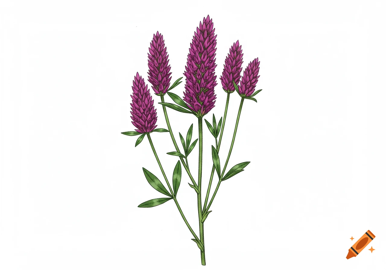 A crisp clip-art style illustration of a Dalea Purpurea plant with five vibrant purple flower spikes and green leaves on a white background.