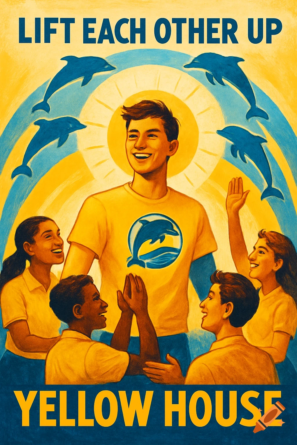 A vibrant yellow and blue poster depicts a smiling young man at the center, surrounded by diverse, smiling students and four leaping dolphins. Text at the top reads "LIFT EACH OTHER UP" and at the bottom "YELLOW HOUSE."
