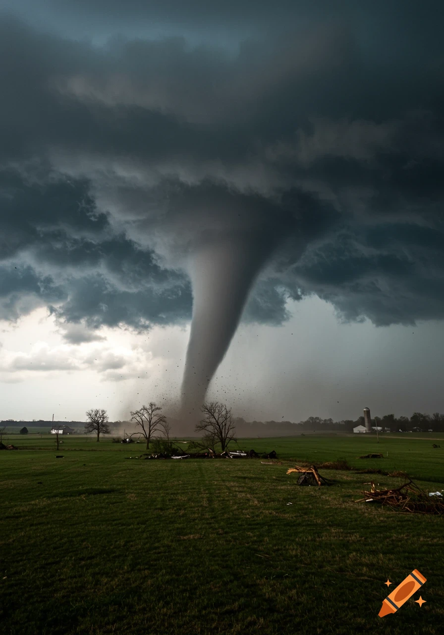 A large, photorealistic tornado funnel descends from dark storm clouds, touching down in a green rural field with debris swirling around its base.