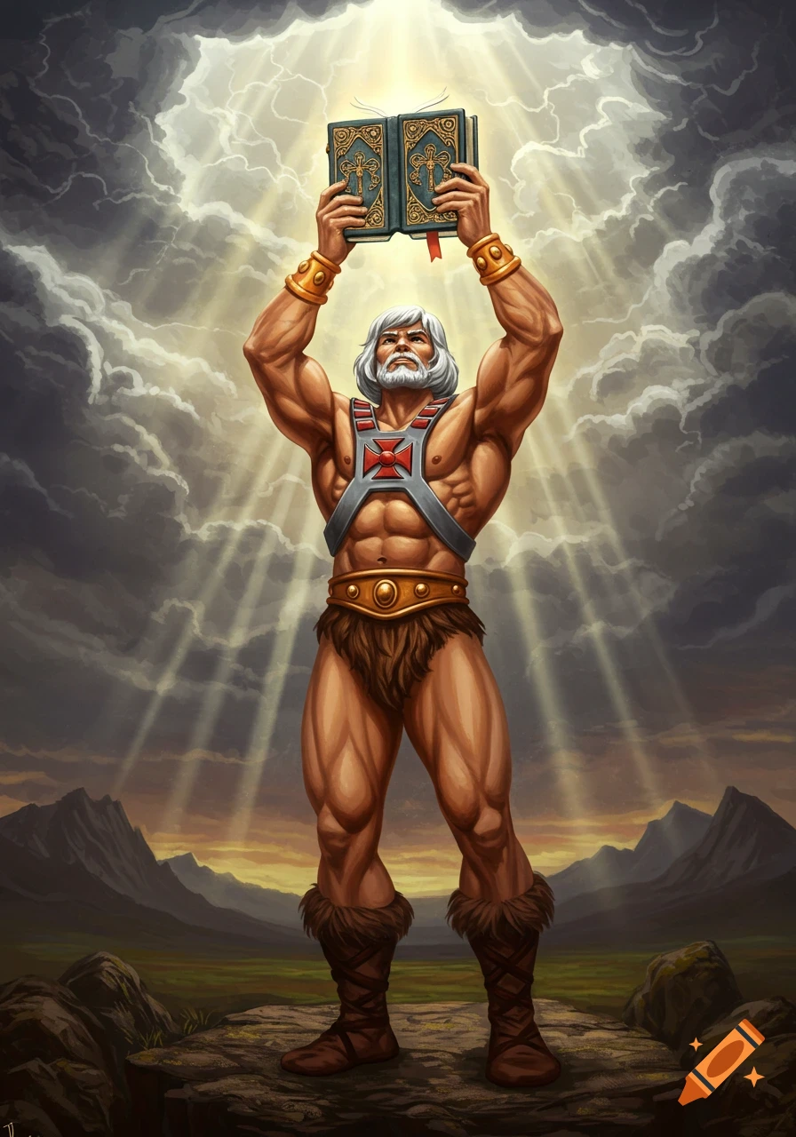 A muscular, gray-haired man resembling He-Man, in a loincloth and chest harness, lifts a glowing book towards a cloudy sky with sun rays.