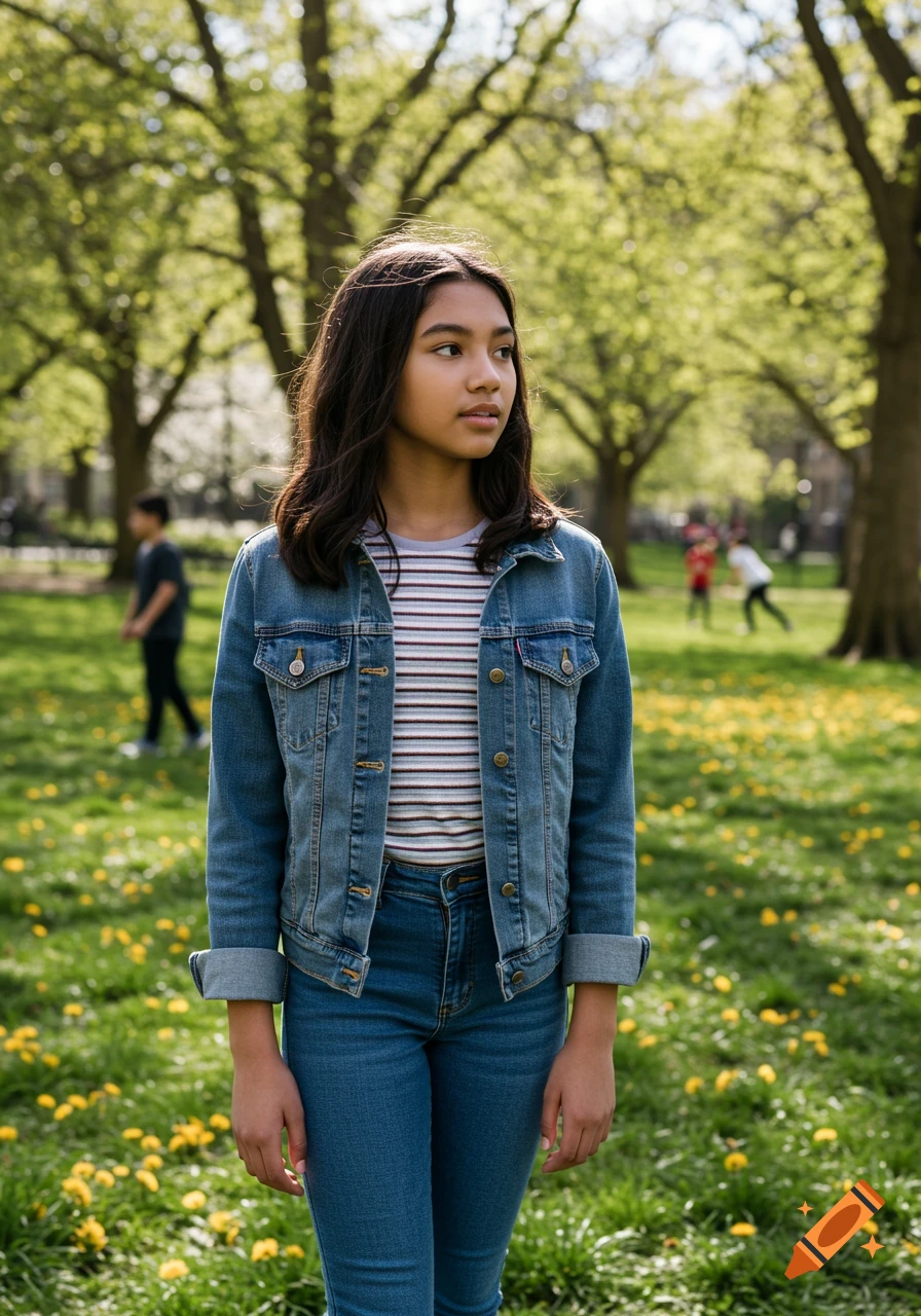 A teen girl in a denim jacket stands in a sunny park with green grass and yellow flowers.