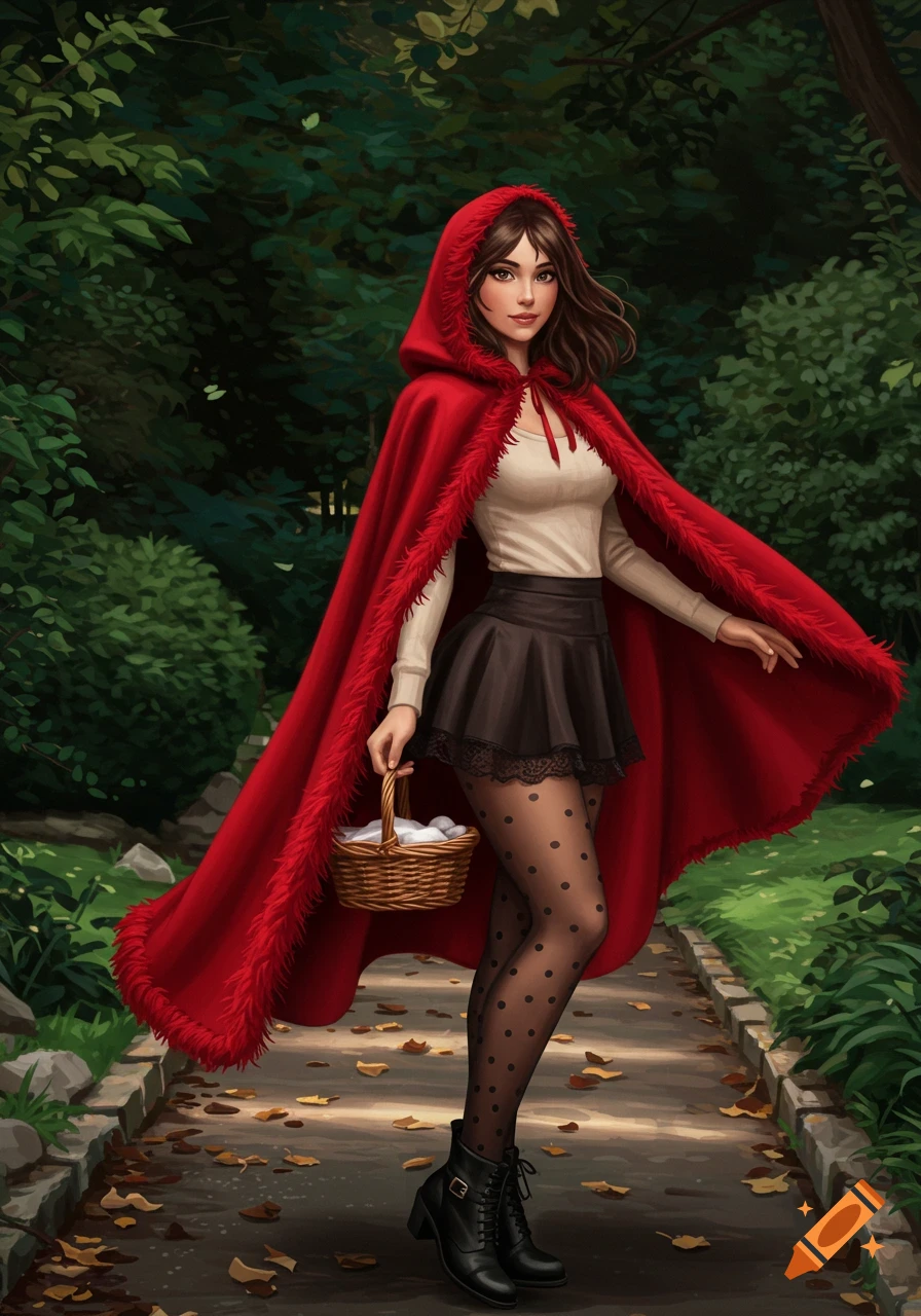 A young woman in a red cape and black polka dot tights walks on a forest path, holding a basket.