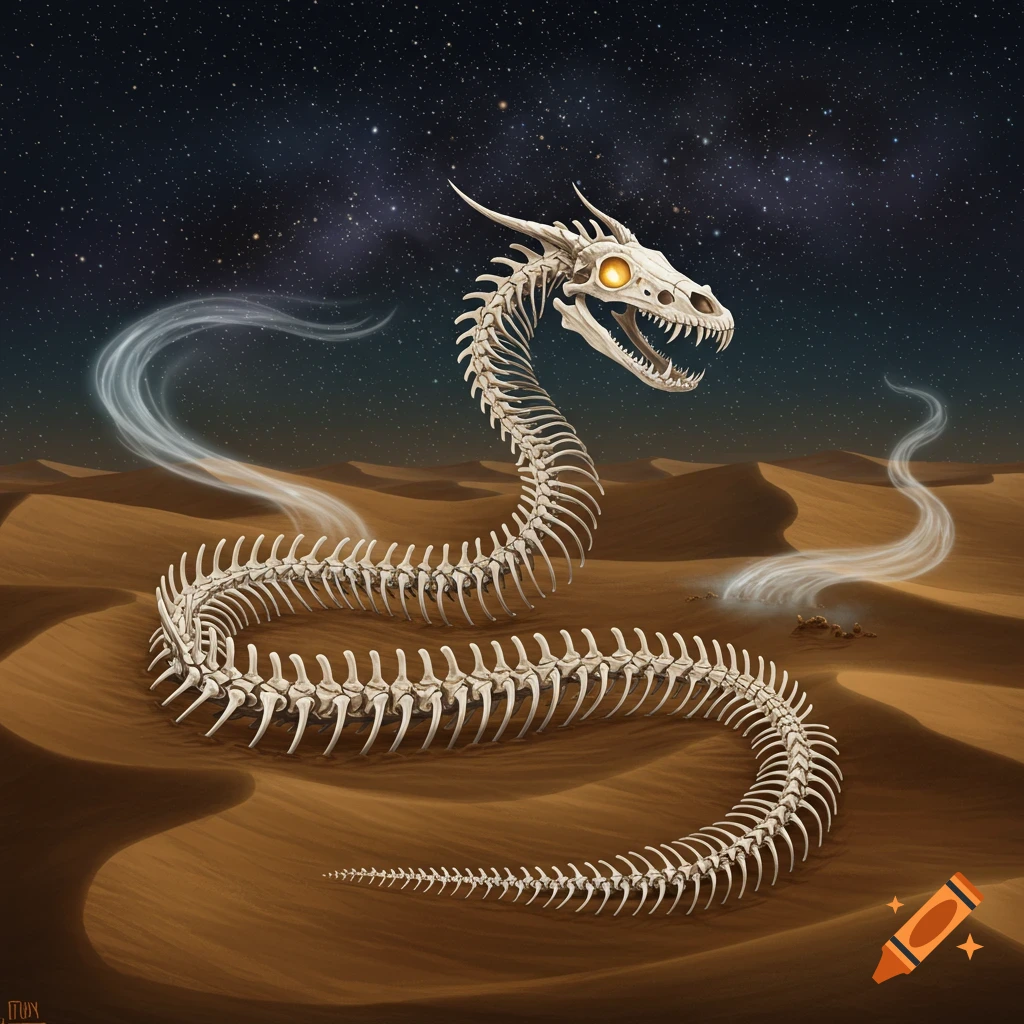 A long, white skeletal dragon with glowing orange eyes coils across a vast, sandy desert under a starry night sky.