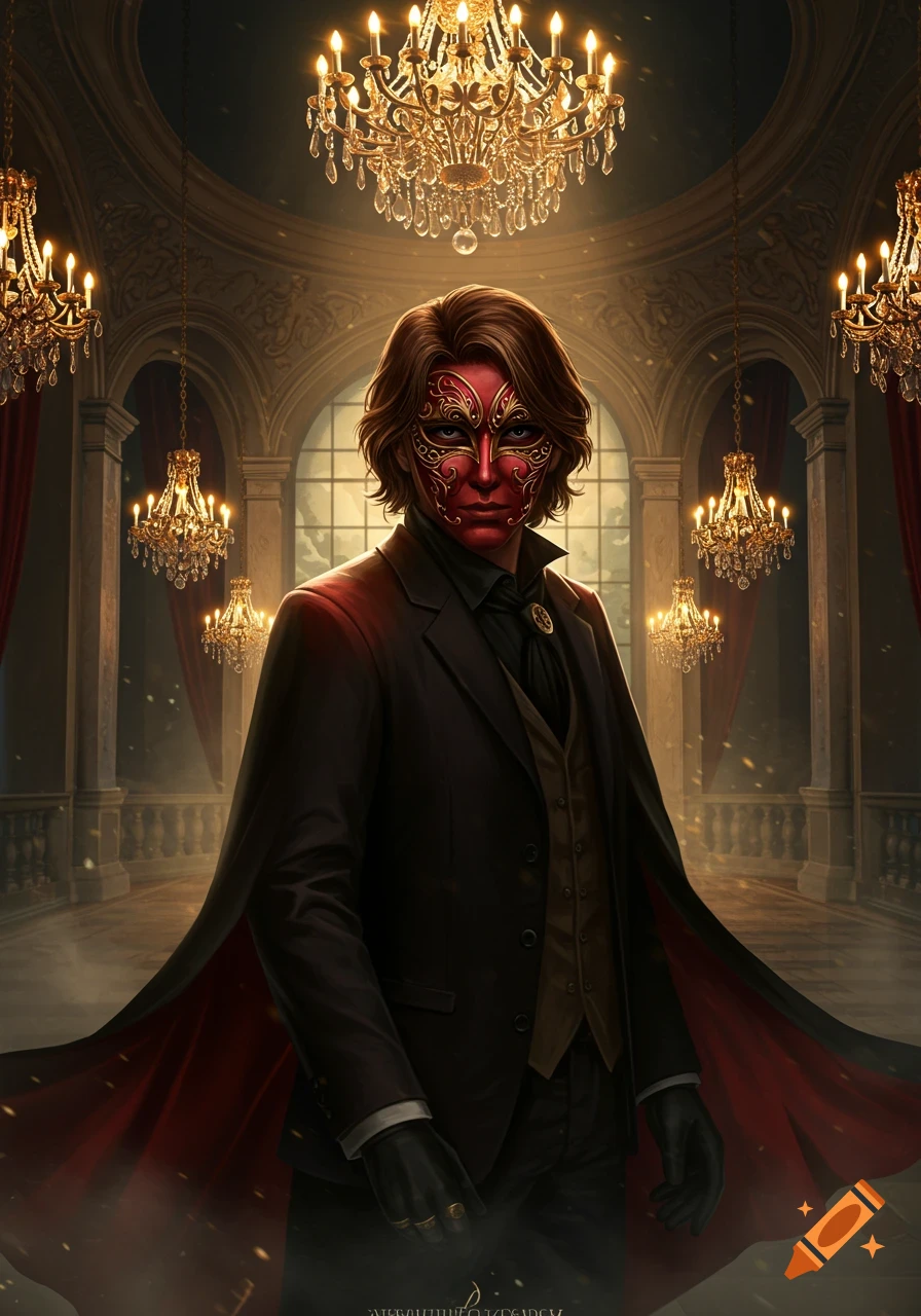 A mysterious man with brown hair and an ornate red mask, wearing a dark suit and cape, stands in a grand hall with chandeliers.