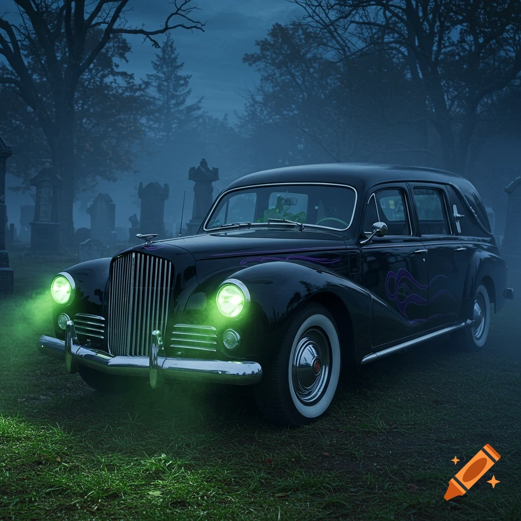 A black vintage hearse-like car with glowing green headlights parked in a foggy, dark cemetery at night.