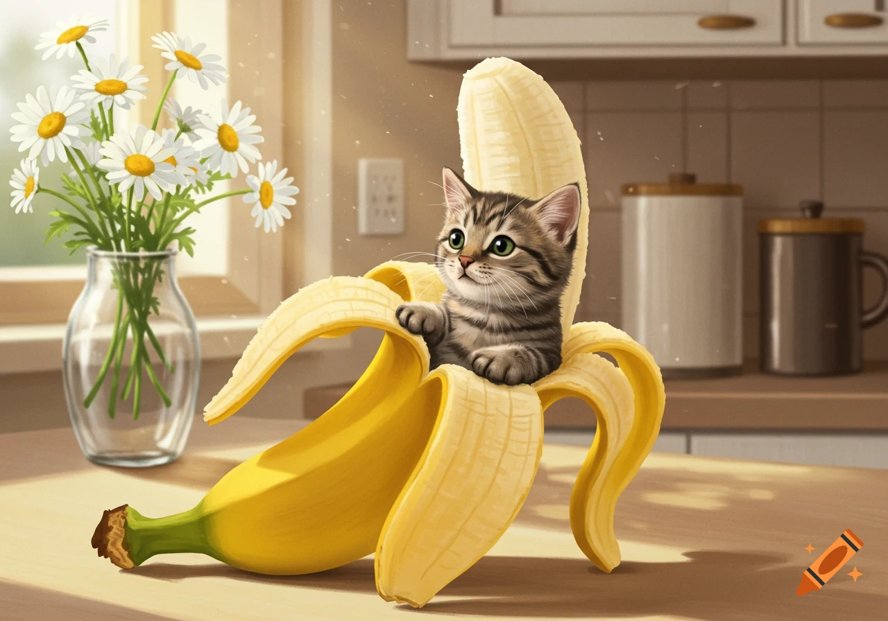 A cute tabby kitten sits in a peeled banana on a kitchen counter next to a vase of daisies.