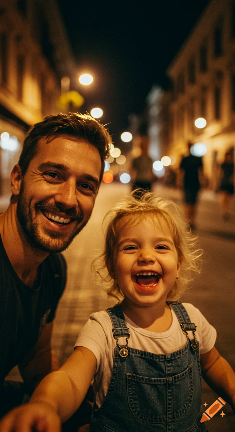 A man and a smiling toddler taking a selfie on a city street at night, illuminated by streetlights.