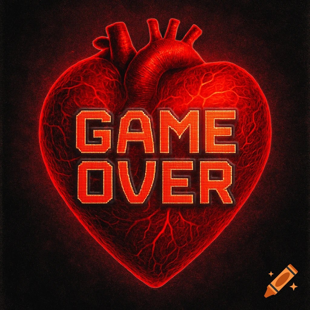 A vibrant red anatomical heart with visible veins, displaying 'GAME OVER' in pixelated text against a dark background.