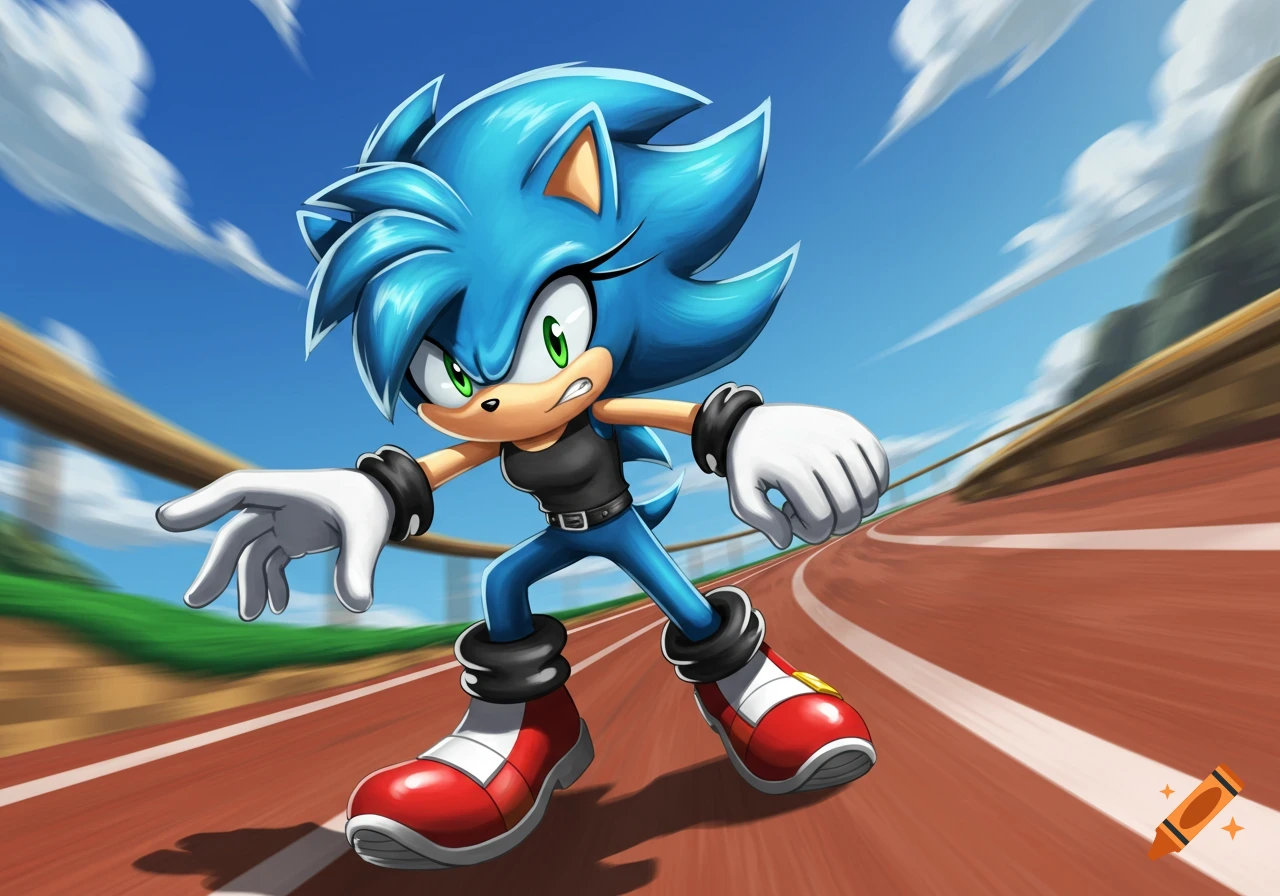 A blue, female hedgehog character in Sonic The Hedgehog style runs on a track with motion blur in the background.