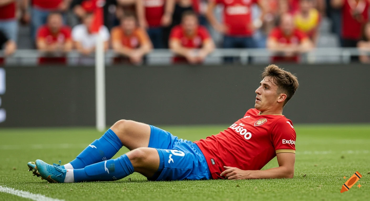 A soccer player in a red jersey and blue shorts lies on a green grass field during a game.