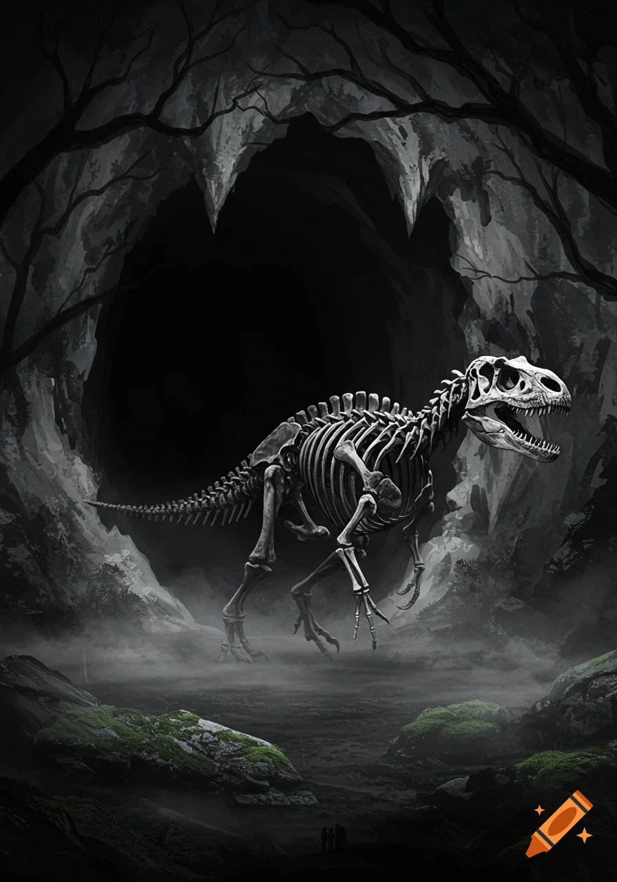 A Ceratosaurus skeleton dominates the misty entrance of a dark cave, surrounded by shadowy trees and moss-covered rocks.
