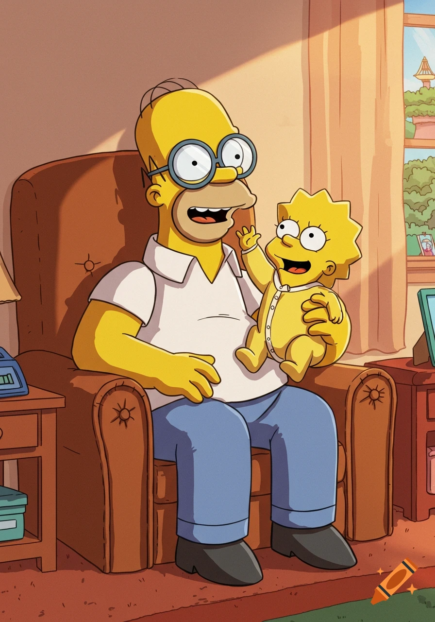 Homer Simpson, wearing glasses, sits in an armchair holding baby Lisa in a yellow onesie, in The Simpsons cartoon style.