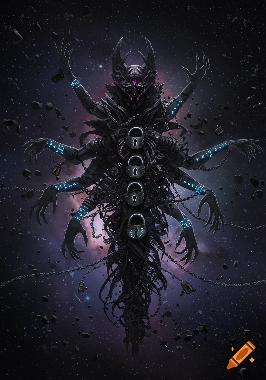 A dark, multi-armed cosmic horror creature made of chains and locks, with glowing runes on its arms, floats in space among asteroids.