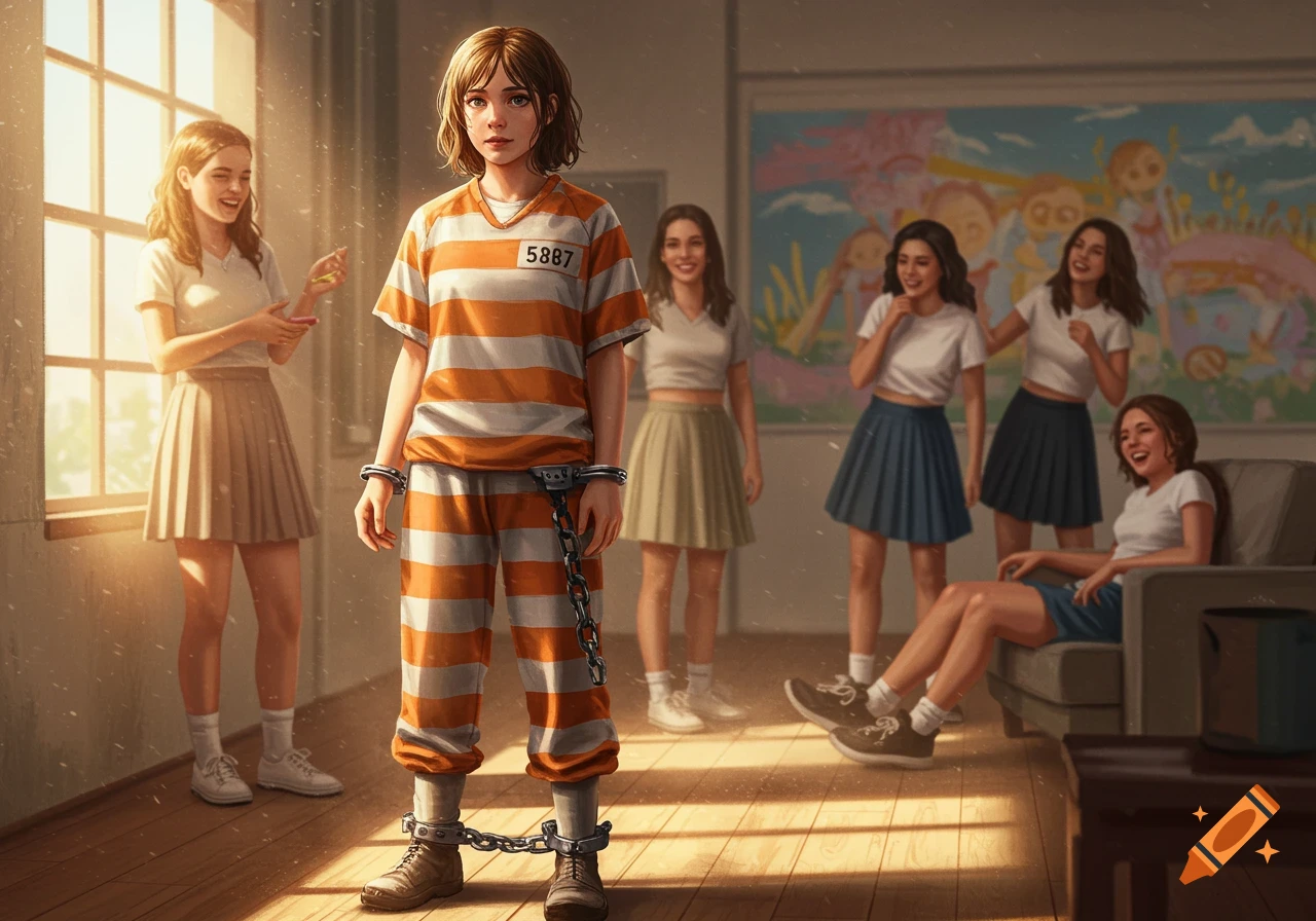 An 18-year-old girl in an orange and white striped prison jumpsuit with handcuffs and leg irons stands, while several friends in skirts and t-shirts chat nearby in a sunlit room.