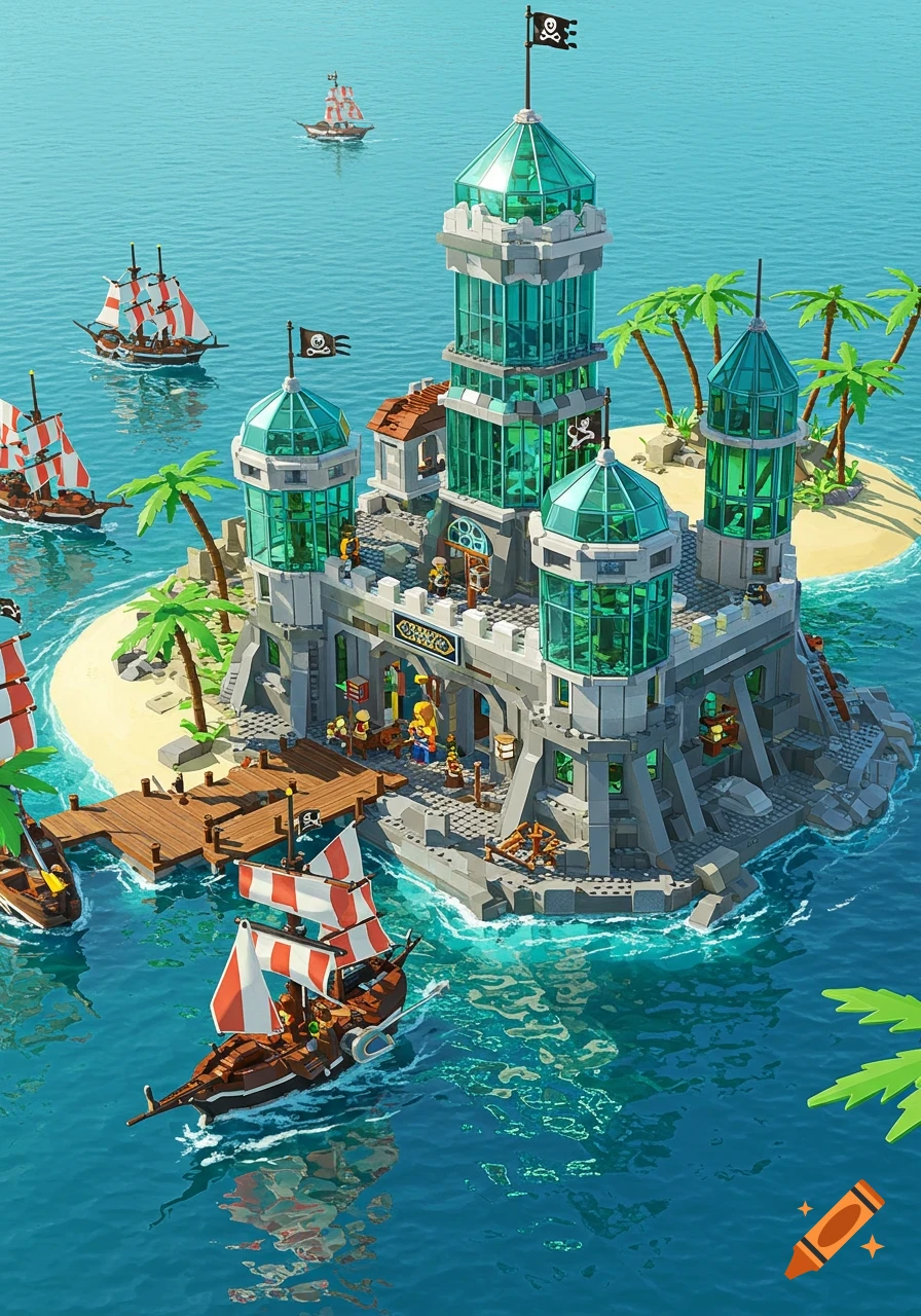 A Lego pirate castle with green glass towers stands on a tropical island surrounded by water, with pirate ships sailing nearby.