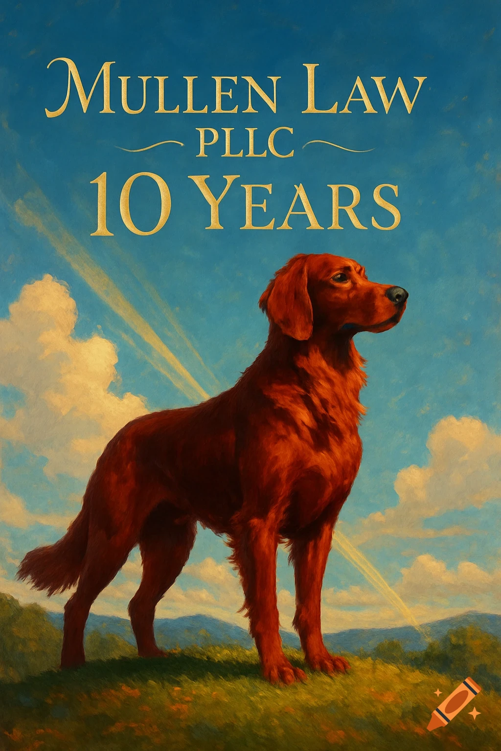 A painterly image of a red dog standing on a grassy hill under a blue sky. Gold text reads 'Mullen Law PLLC 10 Years'.