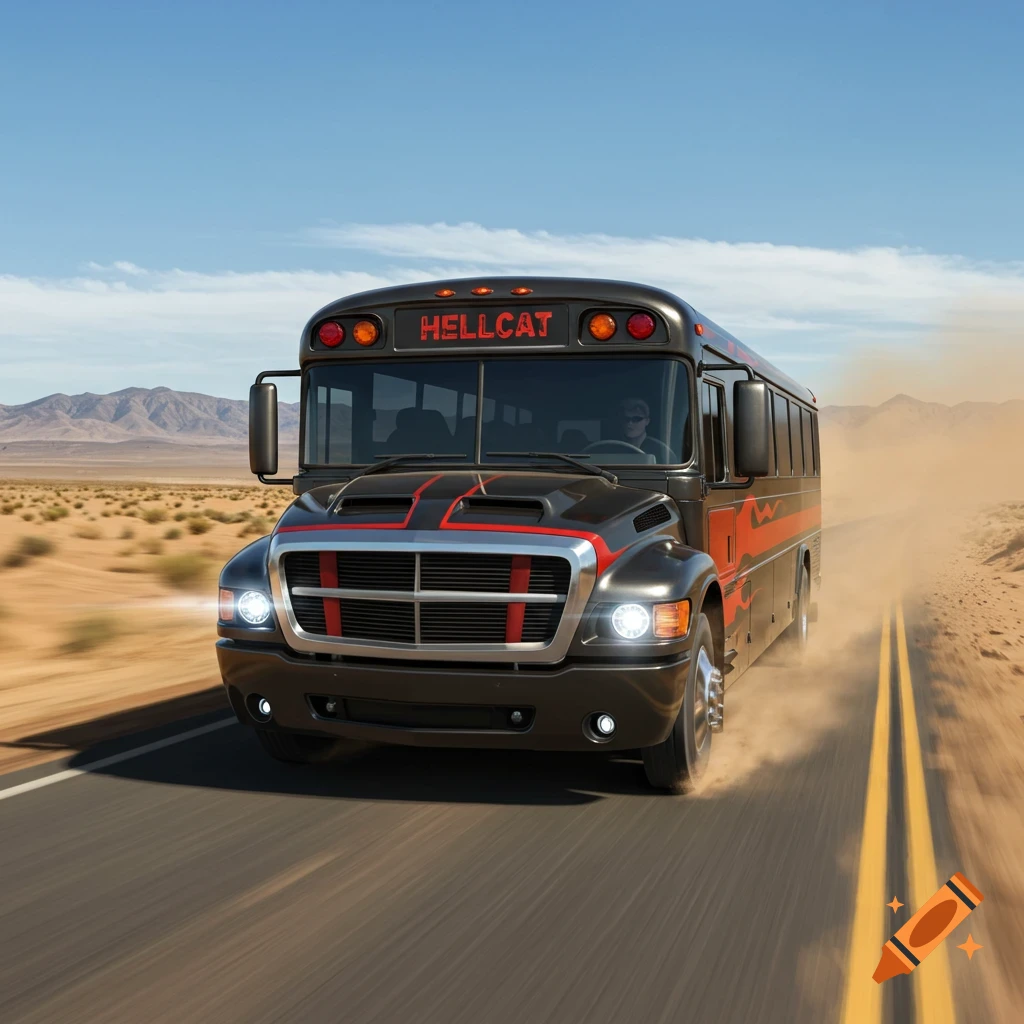 Photorealistic image of a black and red Hellcat bus speeding down a desert road, kicking up dust.