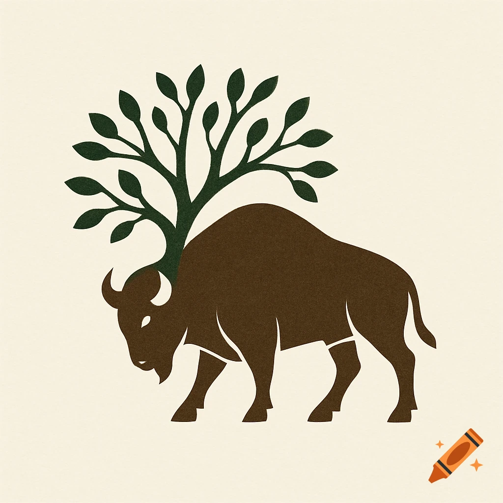 Minimalist logo of a brown buffalo silhouette with a green tree growing from its back, its branches forming part of the animal's shape.