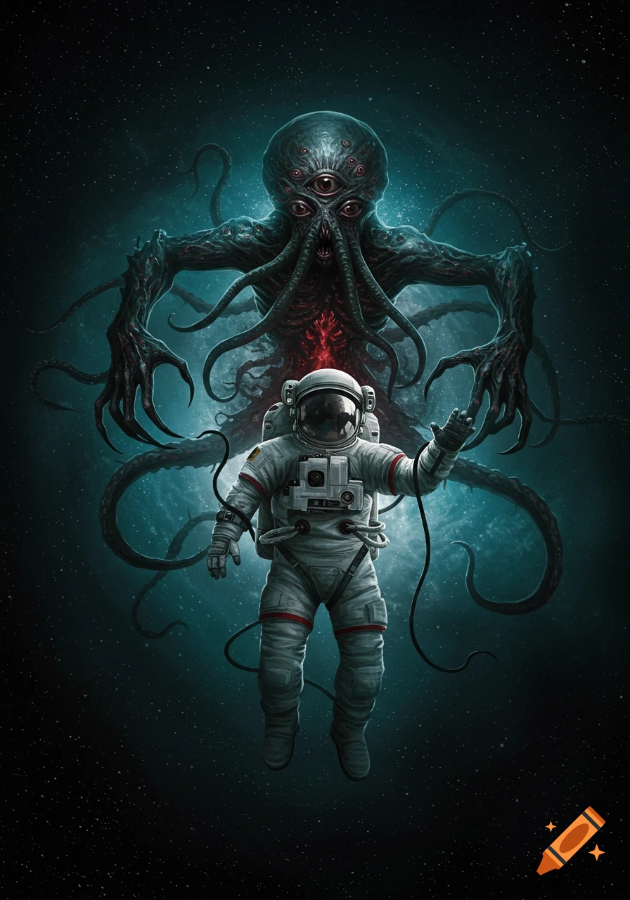 An astronaut floats in dark space, facing a looming, multi-eyed, tentacled cosmic horror creature with red glowing elements.