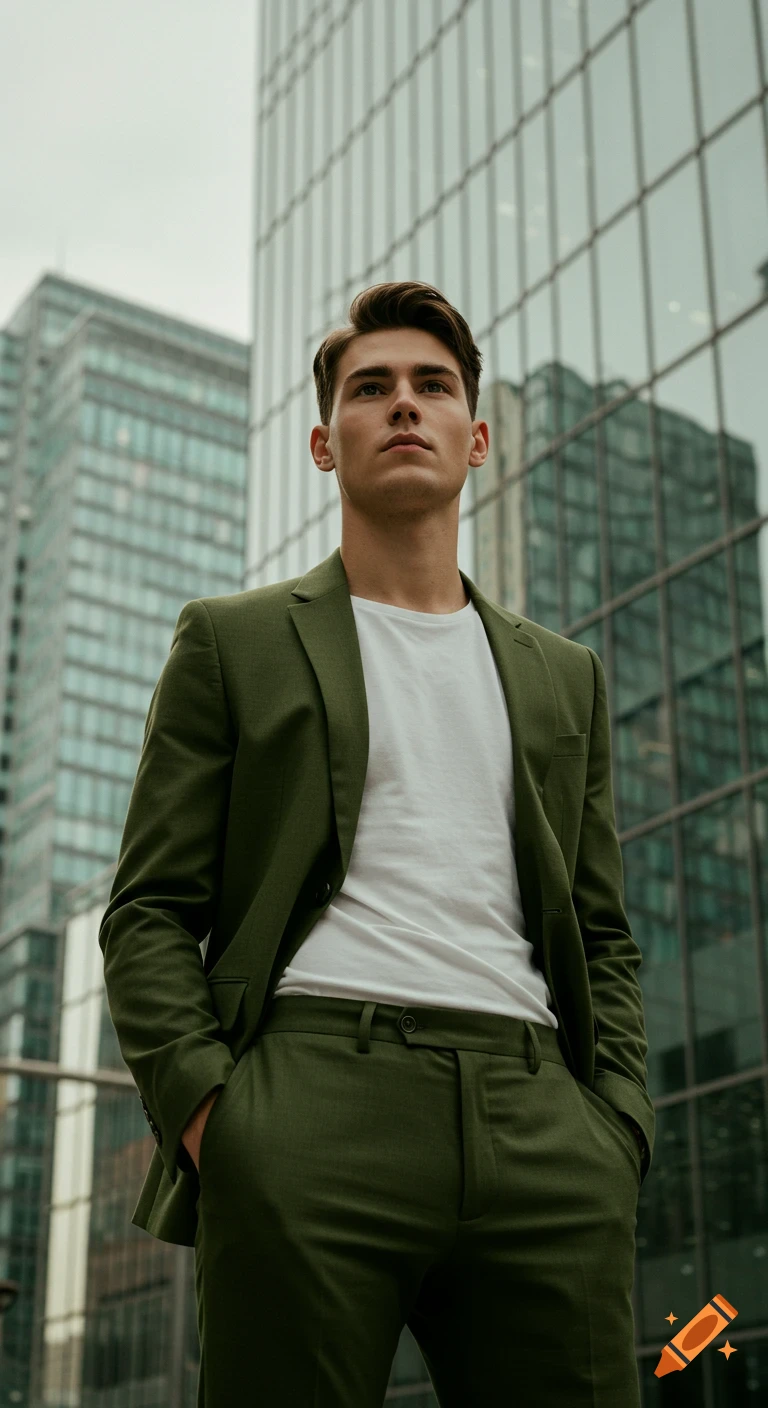 A photorealistic low-angle portrait of a young man in a green suit and white t-shirt, standing with hands in pockets against a backdrop of modern glass skyscrapers.