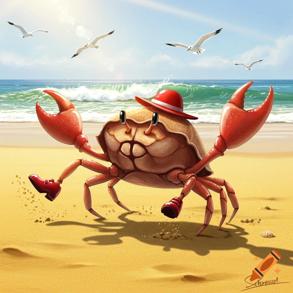 A cartoon crab wearing a red hat and red shoes runs on a sunny beach, with seagulls flying in the blue sky and waves in the background.