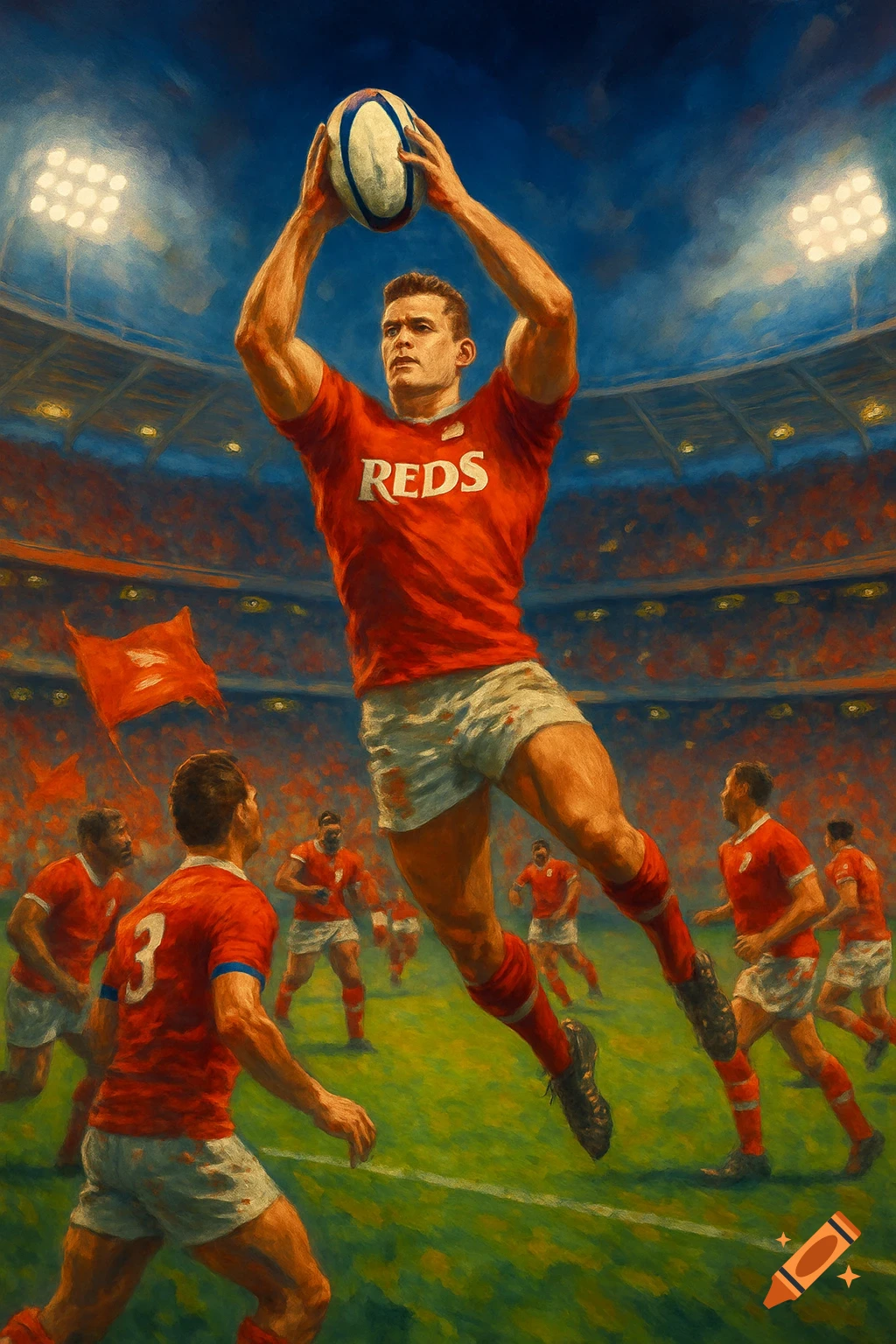 A painterly illustration of a rugby player in a red 'REDS' jersey leaping to catch a rugby ball in a stadium during a game.