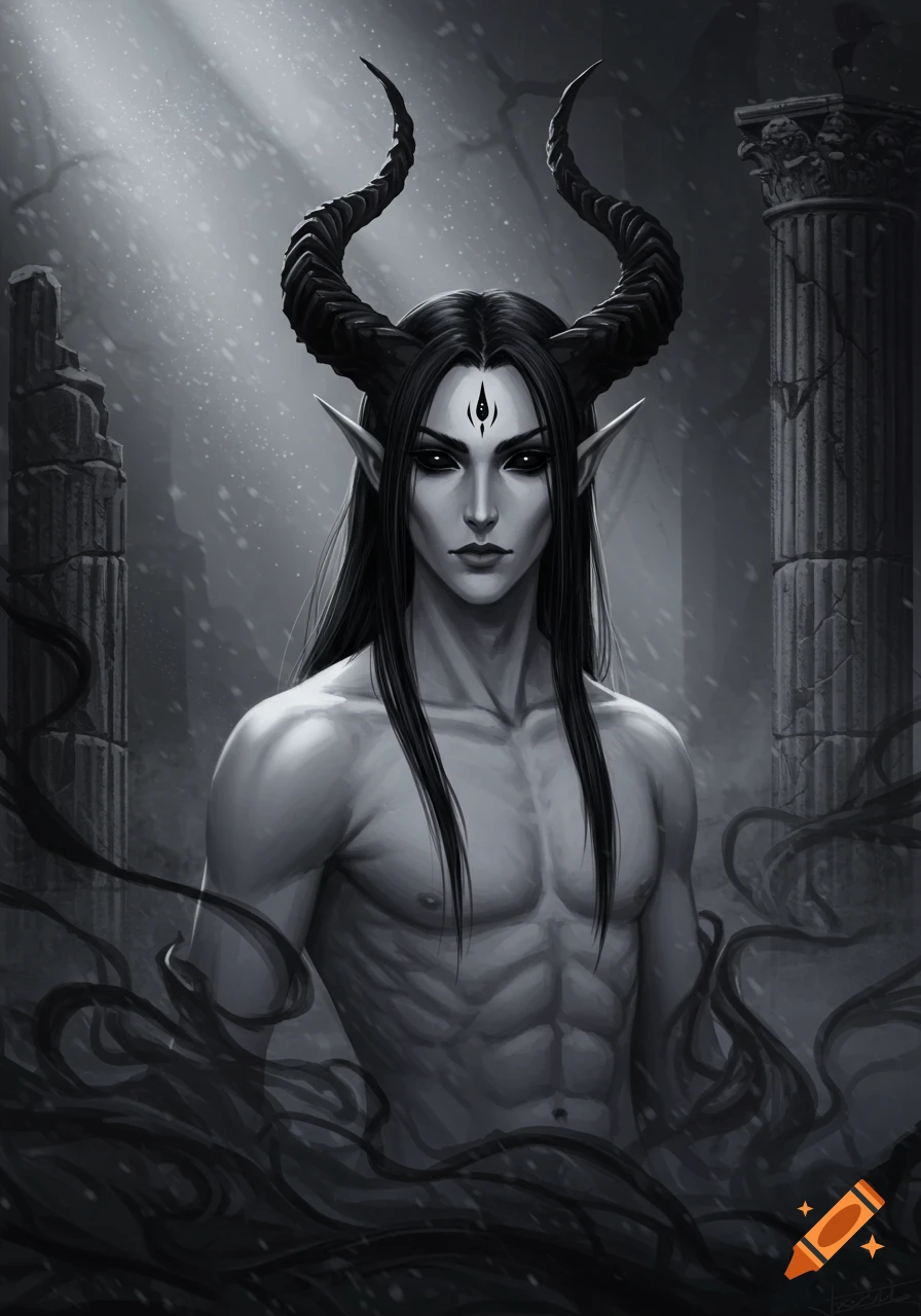 A grayscale illustration of a pale, demonic-looking figure with large, twisted black horns, long black hair, pointy ears, and black eyes. Dark tendrils swirl around the character, set against a background of crumbling ancient ruins.