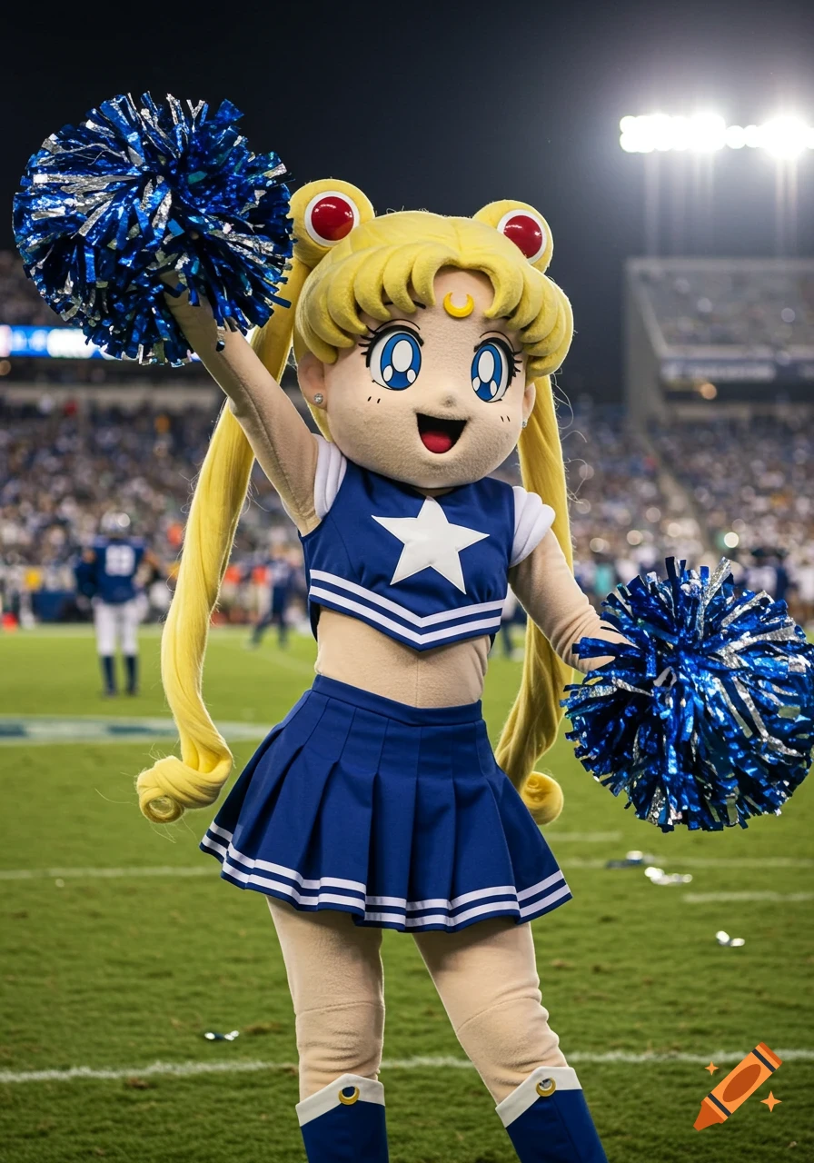 A photorealistic Sailor Moon mascot in a cheerleader uniform holding blue pom-poms on a football field at night.