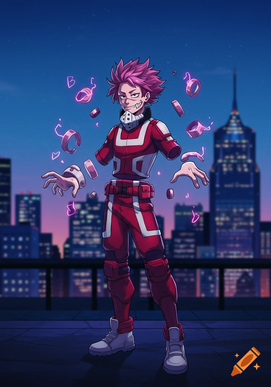 An anime-style male teenager with spiky pink hair and a skeleton mouth mask, wearing a red and white superhero suit. His body is dismembered into floating pieces held together by pink energy as he stands on a rooftop overlooking a city at night.