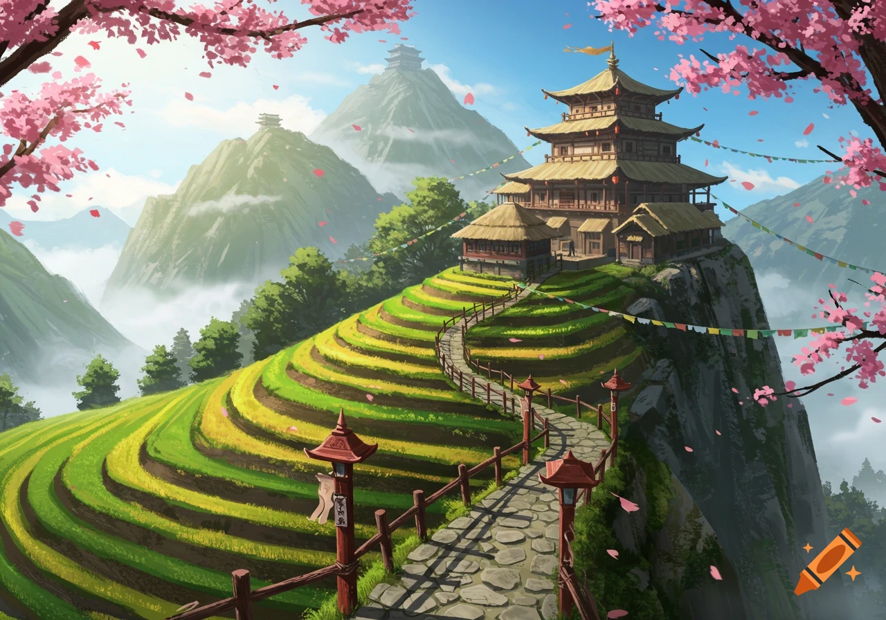 A vibrant digital painting of a traditional Asian temple on a mountain, surrounded by green terraced fields and pink cherry blossoms.