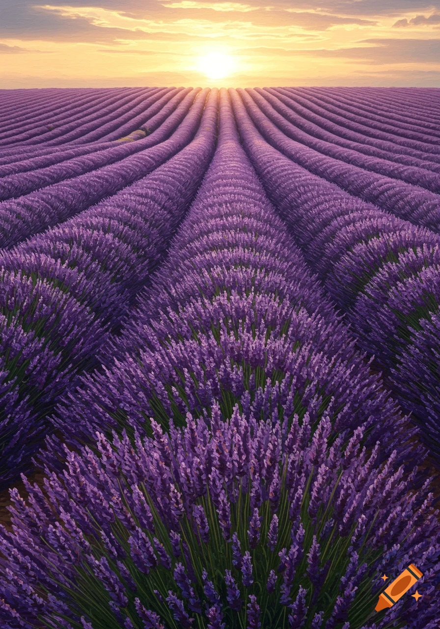 A vast field of purple lavender stretches towards a bright sunset on the horizon, with rows of flowers receding into the distance.