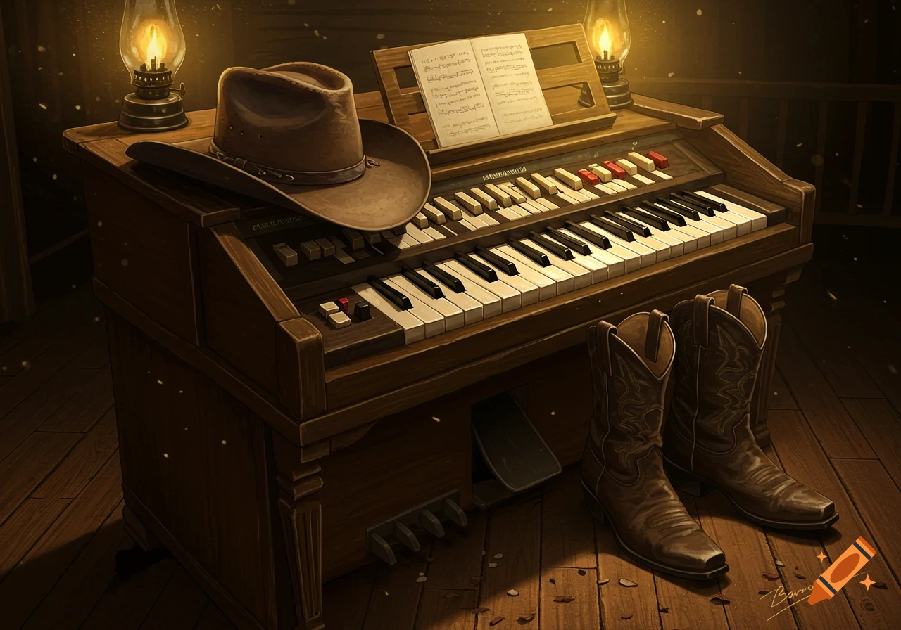 A rustic scene featuring a vintage wooden organ with a cowboy hat resting on top, and a pair of cowboy boots on the floor next to it, illuminated by warm lamplight.