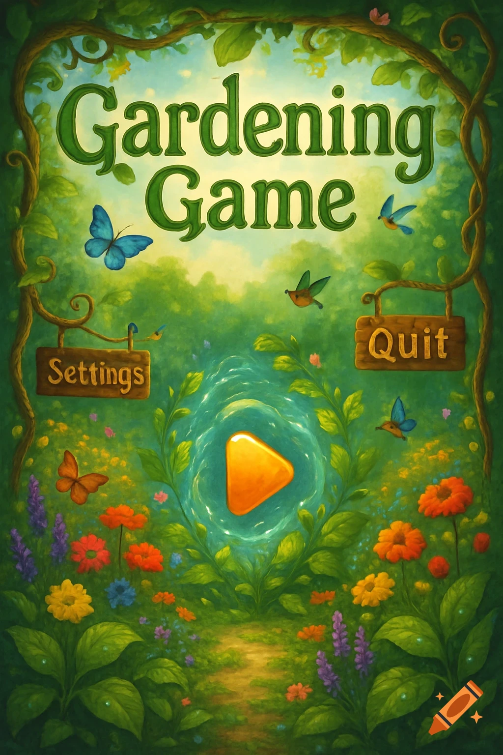 A vibrant, illustrative game cover featuring a lush garden with the title 'Gardening Game', 'Settings' and 'Quit' buttons, and a central play button.