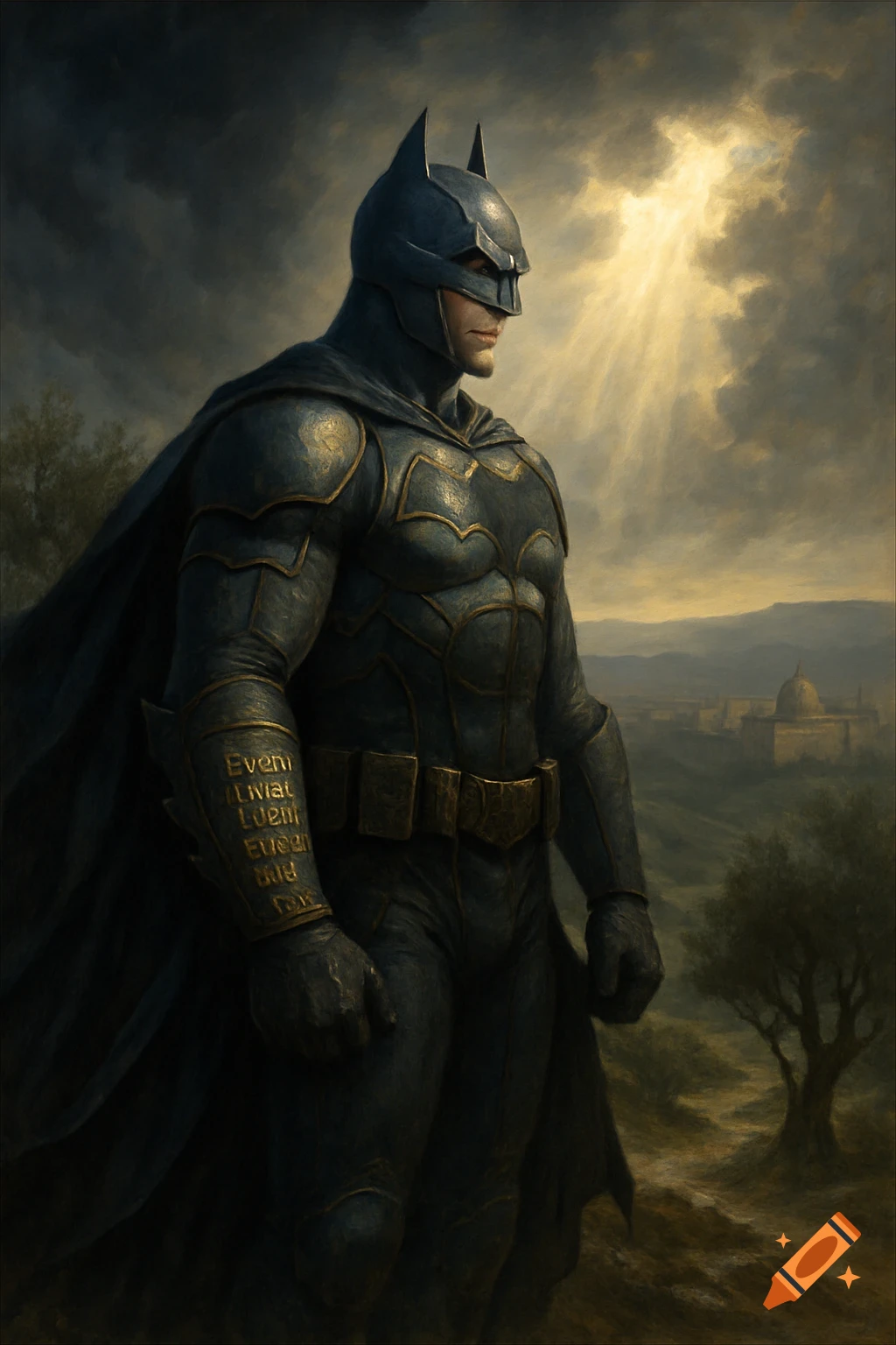 A full-body digital painting of Batman in an armored suit and cape, standing in a dramatic, hilly landscape with a distant domed building under a cloudy sky with light rays.