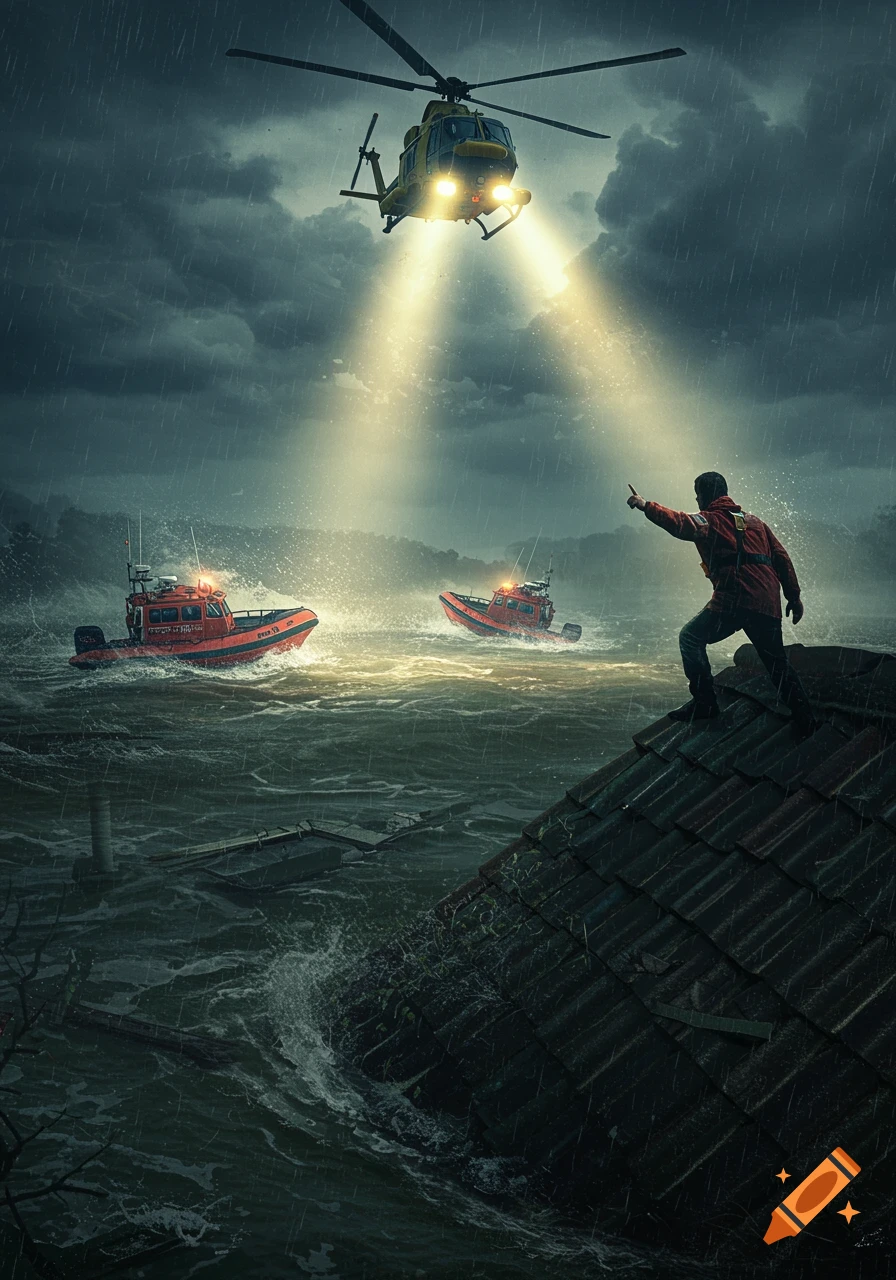 Photorealistic image of a man on a submerged roof, pointing towards a rescue helicopter shining spotlights above two orange rescue boats in a stormy, flooded landscape.
