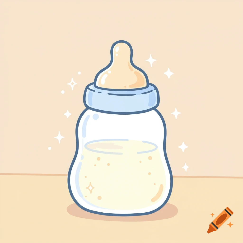 A cute, simple cartoon illustration of a baby bottle filled with yellow liquid, with sparkles around it on a light background.