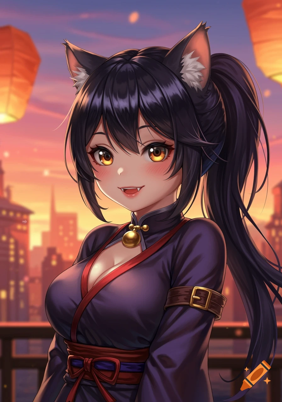 Anime cat girl with black hair and amber eyes, wearing a purple kimono, smiling with fangs, against a sunset cityscape.