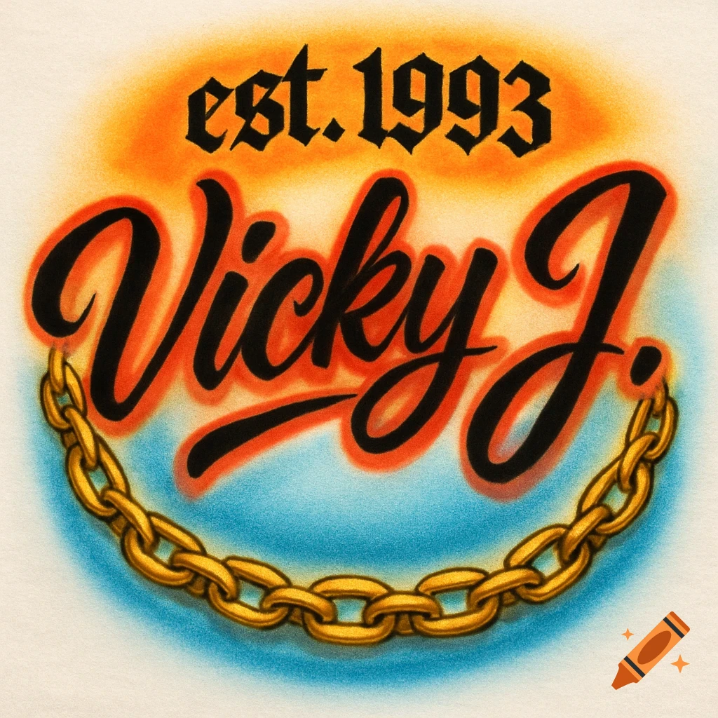 Airbrushed design featuring the name "Vicky J." in black script with a red glow, above a curved gold chain. The text "est.1993" in black old English font is above "Vicky J." The background is an orange and blue airbrushed gradient.