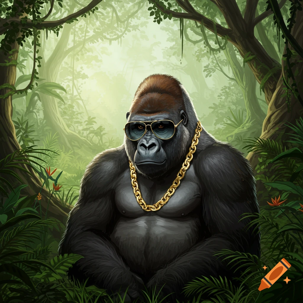 A cool gorilla wearing sunglasses and a gold chain sits in a vibrant green jungle, illustrated style.