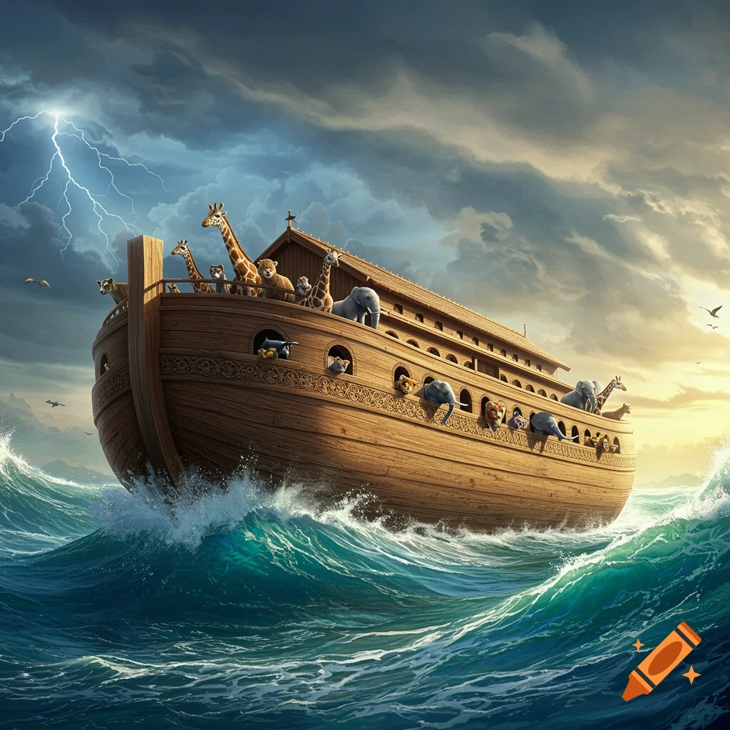 Noah's Ark, laden with animals, sails through a stormy sea with a lightning bolt striking in the sky.
